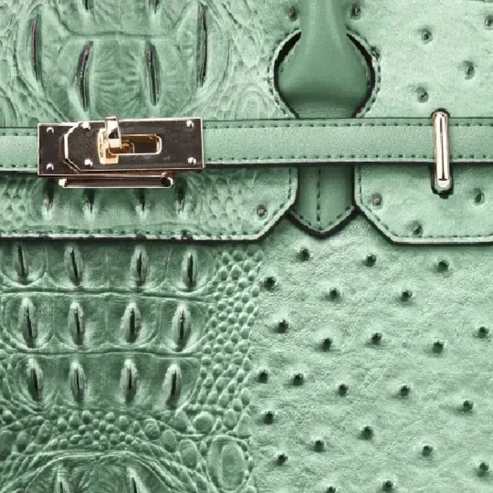 brand new SAGE GREEN Mellow World VIRGINIA Faux Croc/Ostrich HandBag Satchel